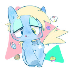 Size: 740x765 | Tagged: safe, artist:boyan, derpy hooves, pegasus, pony, g4, abstract background, blushing, chibi, cupcake, cute, derpabetes, female, food, lidded eyes, mare, muffin, pixiv, solo, tongue out