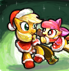 Size: 600x620 | Tagged: safe, artist:sukaponta, apple bloom, applejack, earth pony, pony, g4, apple sisters, clothes, female, filly, foal, hug, incoming hug, mare, pixiv, santa costume, siblings, sisters
