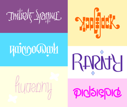 Size: 1500x1265 | Tagged: safe, artist:cerulean, applejack, fluttershy, pinkie pie, rainbow dash, rarity, twilight sparkle, g4, ambigram, calligraphy, mane six