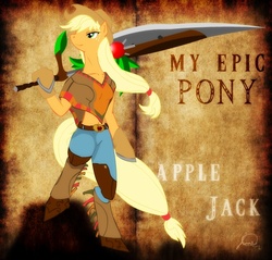 Size: 703x671 | Tagged: safe, artist:ryuukiba, applejack, earth pony, anthro, g4, clothes, my epic pony, sword, weapon