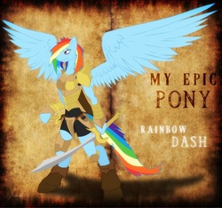 Size: 821x770 | Tagged: safe, artist:ryuukiba, rainbow dash, anthro, g4, armor, clothes, female, my epic pony, solo, sword, weapon