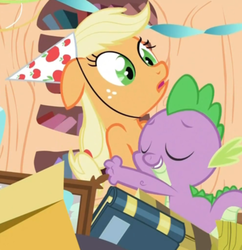 Size: 400x413 | Tagged: safe, screencap, applejack, spike, dragon, earth pony, pony, g4, secret of my excess, cropped, duo, female, hat, hug, male, out of context, party hat, shipping fuel