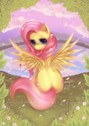 Size: 800x1132 | Tagged: safe, artist:felynea, fluttershy, pegasus, pony, g4, both cutie marks, cloud, female, flower, grass, lake, leaves, looking back, mare, mountain, petals, reflection, signature, sitting, sky, solo, spread wings, water, watermark, wings