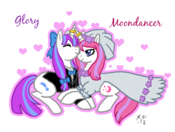 Size: 882x667 | Tagged: dead source, safe, artist:the-clockwork-crow, glory, moondancer (g1), pony, unicorn, g1, g4, duo, female, g1 to g4, generation leap, lesbian, mare, married, married couple, newlywed, ship:glorydancer, shipping, simple background, transparent background, wedding
