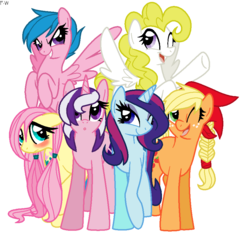 Size: 920x862 | Tagged: safe, artist:faith-wolff, applejack (g1), firefly, posey, sparkler (g1), surprise, twilight, earth pony, pegasus, pony, unicorn, g1, g4, female, g1 six, g1 to g4, generation leap, mare, simple background, transparent background