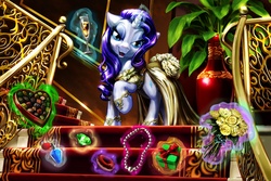 Size: 2000x1333 | Tagged: safe, artist:harwick, rarity, pony, g4, chocolate, donut, flower, gem, glass, jewelry, magic, necklace, old version, present, solo, wine