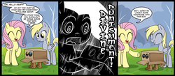 Size: 1500x656 | Tagged: safe, artist:madmax, derpy hooves, fluttershy, pegasus, pony, g4, box, comic, female, mare, pet