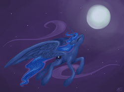 Size: 2700x2000 | Tagged: safe, artist:koeks-bienchen, princess luna, pony, g4, eyes closed, female, flying, happy, high res, moon, night, solo