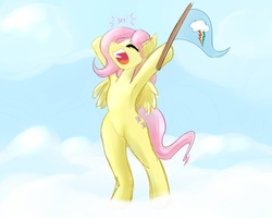 Size: 1280x1024 | Tagged: safe, artist:bluenuke, fluttershy, pegasus, pony, g4, bipedal, eyes closed, female, flag, mare, open mouth, solo, yay