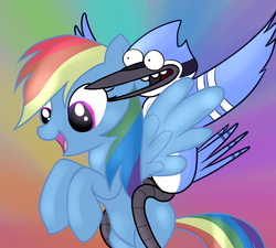 Size: 1171x1052 | Tagged: artist needed, source needed, safe, rainbow dash, bird, blue jay, pegasus, pony, g4, crossover, duo, female, male, mare, mordecai, open mouth, regular show, riding a pony, sitting on person, sitting on pony, smiling