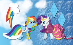 Size: 2560x1600 | Tagged: safe, artist:alicehumansacrifice0, rainbow dash, rarity, g4, clothes, dress, gala dress, wallpaper