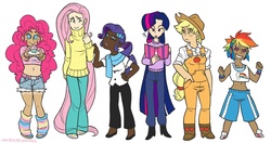 Size: 894x472 | Tagged: safe, artist:whitekitestrings, applejack, fluttershy, pinkie pie, rainbow dash, rarity, twilight sparkle, human, g4, belly button, clothes, cupcake, daisy dukes, dark skin, humanized, leg warmers, long mane, mane six, midriff, overalls, sports bra, sweater, sweatershy, tan lines, turtleneck