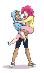 Size: 500x821 | Tagged: safe, artist:naroclie, pinkie pie, rainbow dash, human, g4, carrying, chubby, clothes, converse, female, hoodie, humanized, lesbian, ship:pinkiedash, shipping, shoes