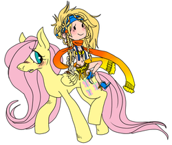 Size: 653x555 | Tagged: safe, artist:glynn, fluttershy, human, pony, g4, blushing, crossover, final fantasy, final fantasy x-2, riding, rikku