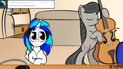 Size: 1100x619 | Tagged: safe, artist:abaddon41, dj pon-3, octavia melody, vinyl scratch, pony, g4, ask, bipedal, cello, female, lesbian, musical instrument, ship:scratchtavia, shipping