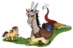 Size: 837x550 | Tagged: safe, artist:trojan-rabbit, discord, scootaloo, draconequus, pegasus, pony, g4, female, filly, foal, male, simple background, transparent background