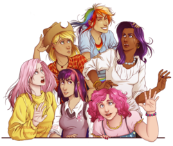 Size: 850x715 | Tagged: safe, artist:trojan-rabbit, applejack, fluttershy, pinkie pie, rainbow dash, rarity, twilight sparkle, human, g4, clothes, dark skin, female, humanized, mane six, simple background, transparent background