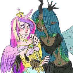 Size: 700x700 | Tagged: safe, artist:glynn, princess cadance, queen chrysalis, alicorn, changeling, changeling queen, human, g4, crying, female, horn, horned humanization, humanized, scared, winged humanization, wings