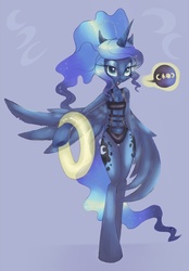 Size: 900x1295 | Tagged: safe, artist:coffeechicken, princess luna, anthro, g4, arm hooves, belly button, clothes, female, solo, swimsuit