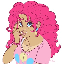 Size: 500x513 | Tagged: safe, artist:whitekitestrings, pinkie pie, human, g4, chubby, crumbs, humanized, messy, tan lines