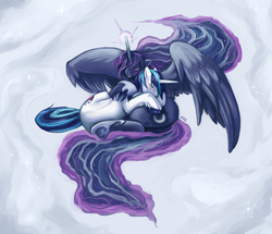 Size: 1280x1102 | Tagged: safe, artist:mlpfwb, princess luna, shining armor, alicorn, pony, unicorn, g4, blushing, cloud, cloudy, crying, cuddling, duo, eyes closed, female, hug, infidelity, magic, male, mare, on side, ship:shiningluna, shipping, snuggling, spread wings, stallion, straight, underhoof, unshorn fetlocks