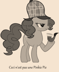 Size: 624x766 | Tagged: safe, pinkie pie, g4, deerstalker, detective, female, french, hat, mare, parody, pipe, rené magritte, sherlock holmes, the treachery of images