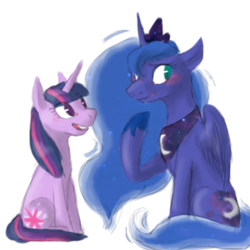 Size: 500x500 | Tagged: safe, artist:glynn, princess luna, twilight sparkle, alicorn, pony, unicorn, g4, blushing, duo, female, mare, open mouth, simple background, sitting, transparent background, unicorn twilight