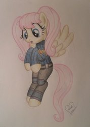 Size: 900x1264 | Tagged: safe, artist:marindashy, fluttershy, pegasus, pony, g4, alternate hairstyle, clothes, female, flying, mare, solo, traditional art