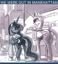 Size: 700x770 | Tagged: safe, artist:johnjoseco, princess celestia, princess luna, alicorn, pony, ask princess molestia, gamer luna, princess molestia, g4, butt, manehattan, monochrome, moonbutt, plot, royal sisters, sunbutt