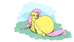 Size: 1792x1024 | Tagged: safe, artist:kissasta, fluttershy, pegasus, pony, g4, belly, crying, fat, fattershy, female, floppy ears, impossibly large belly, mare, on back