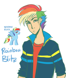 Size: 880x1040 | Tagged: safe, artist:ssenarrya, rainbow dash, human, pegasus, pony, g4, clothes, colored, flat colors, human coloration, humanized, jacket, rainbow blitz, rule 63, simple background, text, white background
