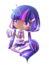 Size: 400x533 | Tagged: safe, artist:moon-valkyrie, twilight sparkle, human, g4, chibi, clothes, dark skin, female, horn, horned humanization, humanized, simple background, skirt, solo, tailed humanization, transparent background
