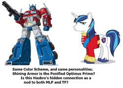 Size: 1199x853 | Tagged: safe, shining armor, g4, meta, optimus prime, speculation, text, transformers