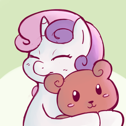 Size: 500x500 | Tagged: safe, artist:redintravenous, artist:rustydooks, sweetie belle, pony, unicorn, g4, blush sticker, blushing, colored, cute, diasweetes, eyes closed, female, filly, hug, plushie, solo, teddy bear