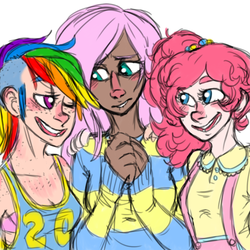 Size: 700x700 | Tagged: safe, artist:glynn, fluttershy, pinkie pie, rainbow dash, human, g4, clothes, female, freckles, humanized, lesbian, ship:flutterdash, ship:flutterpie, shipping, suspenders, sweater, sweatershy, thick eyebrows, undercut, winged humanization