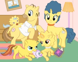 Size: 2000x1597 | Tagged: safe, artist:elenaboosy, pony, baby, baby pony, bart simpson, colt, filly, foal, homer simpson, lisa simpson, maggie simpson, male, marge simpson, poner simpson, ponified, rule 85, the simpsons