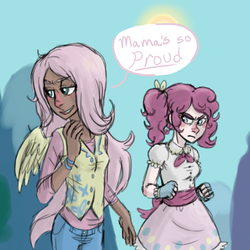 Size: 700x700 | Tagged: safe, artist:glynn, fluttershy, pinkie pie, human, g4, the return of harmony, angry, clothes, dialogue, discorded, dress, fingerless gloves, flutterbitch, gloves, humanized, nose blush, observer, scene interpretation, speech bubble, vest, winged humanization