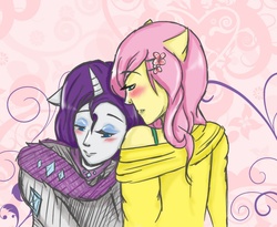 Size: 795x653 | Tagged: safe, artist:tissuecube, fluttershy, rarity, anthro, g4, female, human facial structure, humanized, lesbian, ship:flarity, shipping