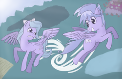 Size: 1280x823 | Tagged: safe, artist:willygalleta, cloudchaser, flitter, pegasus, pony, g4, crepuscular rays, duo, duo female, female, flying, looking at each other, mare, spread wings, trail, vertigo, wings