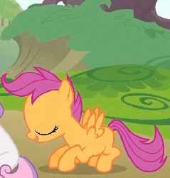 Size: 456x477 | Tagged: safe, screencap, scootaloo, sweetie belle, pegasus, pony, unicorn, g4, season 1, the show stoppers, animated, blank flank, blinking, cropped, cute, cutealoo, female, filly, foal, hopping, jumping, loop, open mouth, pronking, sitting, solo focus, spread wings, wings