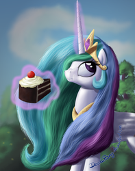 Size: 1600x2027 | Tagged: safe, artist:deathpwny, princess celestia, alicorn, pony, g4, cake, cakelestia, concave belly, female, food, magic, mare, scrunchy face, slender, solo, telekinesis, thin