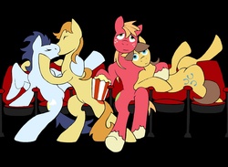 Size: 2236x1636 | Tagged: safe, artist:stileelits, big macintosh, braeburn, caramel, soarin', earth pony, pony, g4, gay, hug, kiss on the lips, kissing, male, movie, popcorn, ship:caramac, ship:soarburn, shipping, stallion