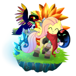 Size: 1500x1500 | Tagged: safe, artist:madmax, fluttershy, bird, pegasus, pony, g4, ^^, bastion (game), clothes, crossover, cute, eyes closed, grass, scarf, simple background, smiling, spread wings, squirt, the kid, transparent background, wings