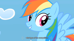 Size: 640x355 | Tagged: safe, screencap, rainbow dash, pegasus, pony, g4, sonic rainboom (episode), cloud, sky, solo, youtube caption