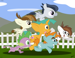 Size: 1024x799 | Tagged: safe, artist:loreto-arts, featherweight, pipsqueak, rumble, snails, snips, spike, dragon, earth pony, pegasus, pony, unicorn, g4, baby, baby dragon, bad anatomy, blank flank, colt, fence, flying, foal, male, running