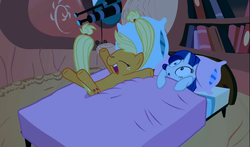 Size: 1302x767 | Tagged: safe, screencap, applejack, rarity, g4, look before you sleep, bed, golden oaks library