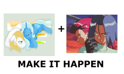 Size: 1337x796 | Tagged: safe, prince blueblood, trixie, g4, all caps, exploitable meme, female, make it happen, male, meme, meta, pokémon, ship:bluetrix, shipping, straight, team rocket