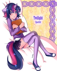 Size: 1200x1500 | Tagged: safe, artist:matemi-i, twilight sparkle, human, g4, book, clothes, eared humanization, female, horn, horned humanization, humanized, panties, shoes, skirt, sneakers, solo, tailed humanization, underwear, upskirt