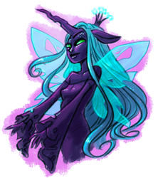 Size: 622x702 | Tagged: safe, artist:isthatwhatyoumint, artist:mayakern, queen chrysalis, changeling, changeling queen, anthro, g4, ambiguous facial structure, crown, female, jewelry, regalia, transparent wings, wings