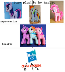 Size: 651x720 | Tagged: safe, pinkie pie, rainbow dash, twilight sparkle, g4, close enough, expectation vs reality, fettuccine hair, funrise, hasbro, hasbro logo, irl, logo, merchandise, photo, plushie